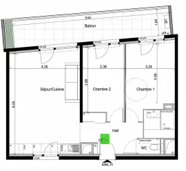 Vente Appartement  - Appartement  - 3 pièces  - 62.64 m²